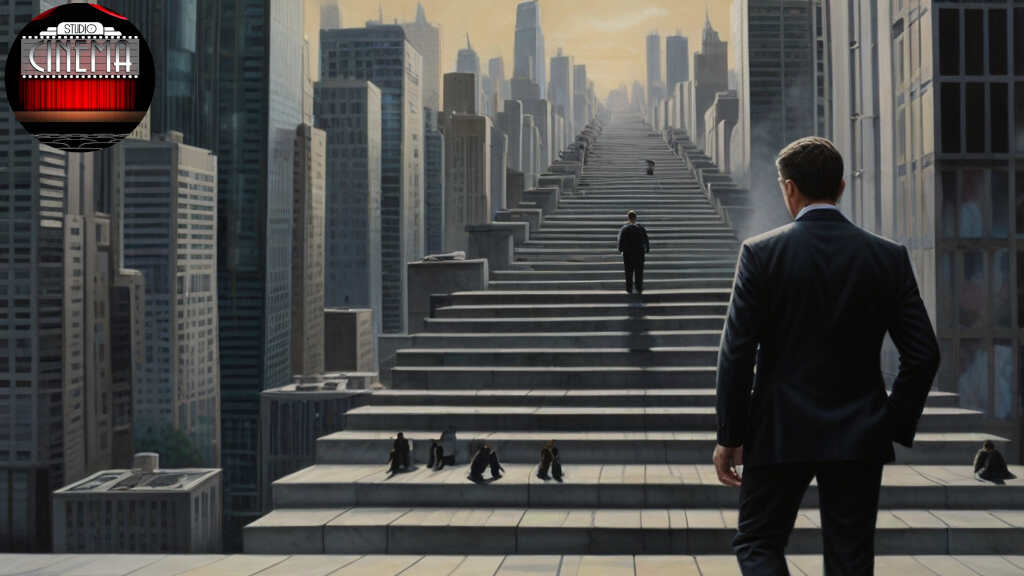 Ejecutivo corporativo mirando las escaleras del exito_A_businessman_climbing_a_stair_to_success_