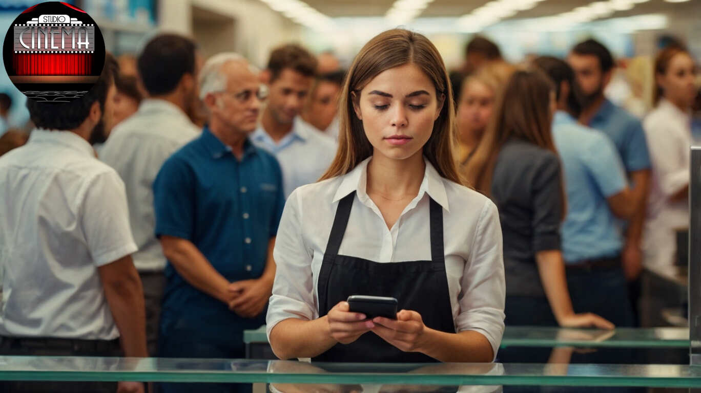 Empleada de mostrador perdida chateando escribiendo en su telefono celular por whatsapp_a_female_sales_counter_clerk_employee_absorbed_3