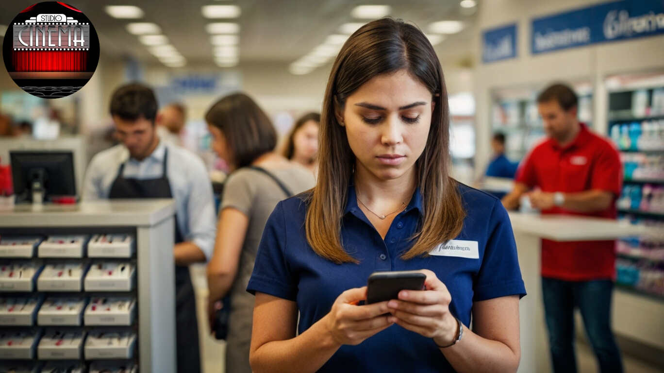 Empleada de mostrador perdida chateando escribiendo en su telefono celular por whatsapp_a_sales_counter_clerk_employee_absorbed_in_the_3