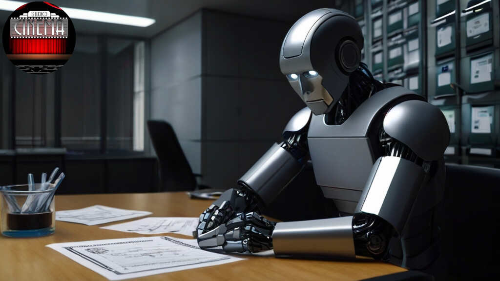 Empleado robot sin aspiraciones, robot empolyee Default_Imagine_an_old_fashioned_robot_Man_sitting_In_front_o_0