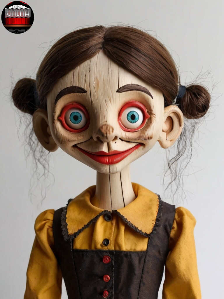 Marioneta vieja de madera creada con IA Studio Cinema Default_ugly_wood_female_pinocchio_puppet_with_ponytale_hair