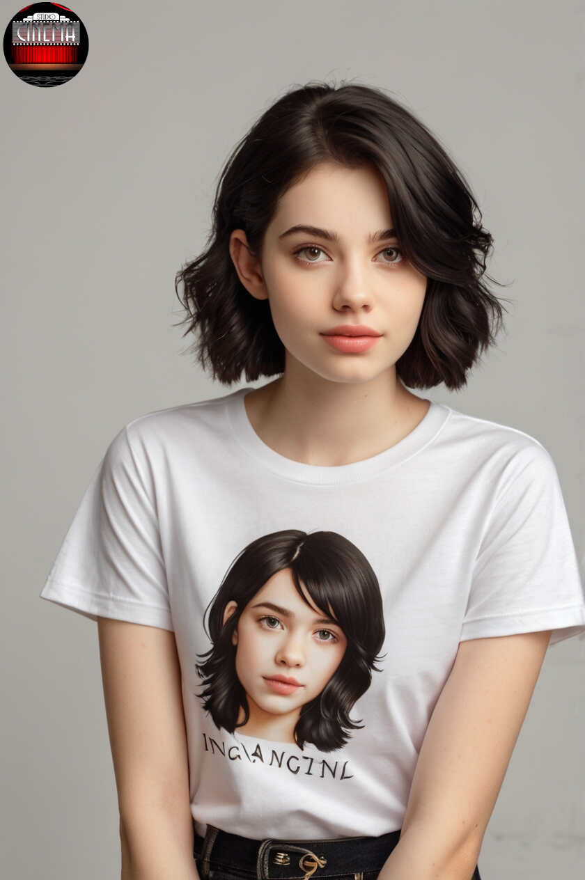 Modelos digitales, muchacha de 21 años modelando playera Studio Cinema Leonardo_Vision_XL_imagine_a_21_year_old_girl_wearing_a_t_shir_3