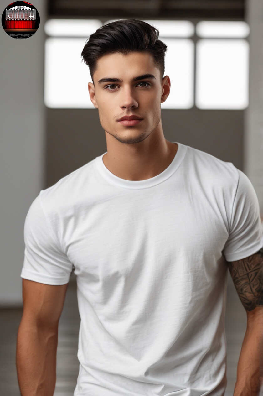 Modelos digitales, muchacho de 21 años años modelando playera Studio Cinema Leonardo_Vision_XL_imagine_a_21_year_old_stud_wearing_a_34_sle_1