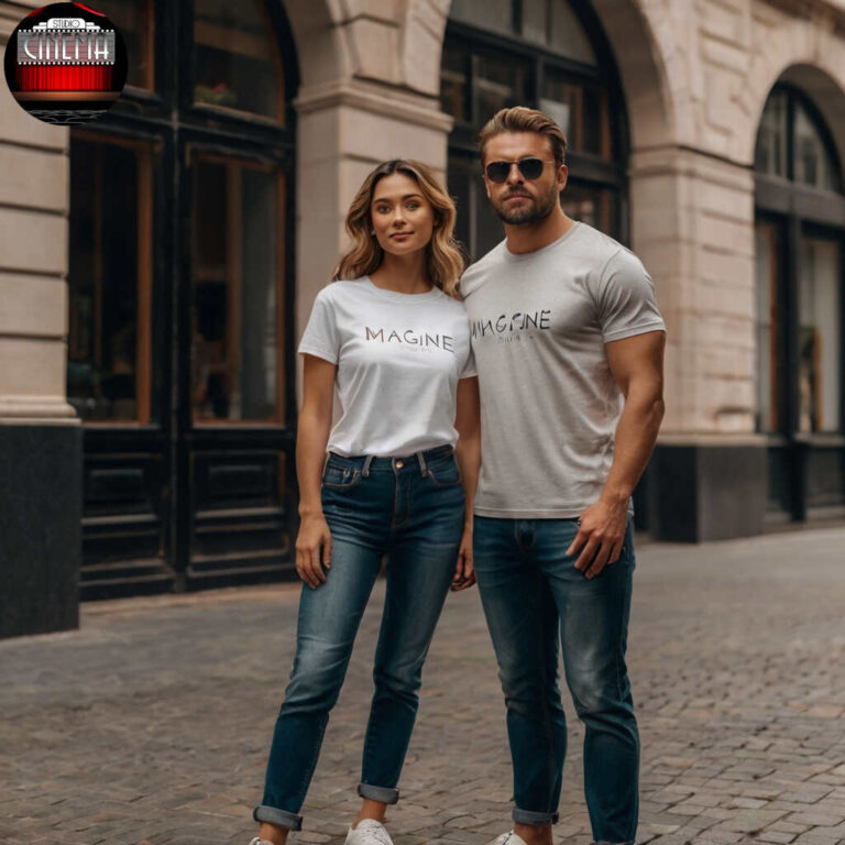 PAreja joven fitness, modelos creados con ia Studio cinema Leonardo_Kino_XL_Imagine_A_man_and_a_woman_with_t_shirts_produ_1