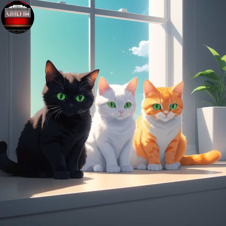 imagen tipo Studio Ghibli de tres gatos blanco, negro, y naranja AlbedoBase_XL_A_