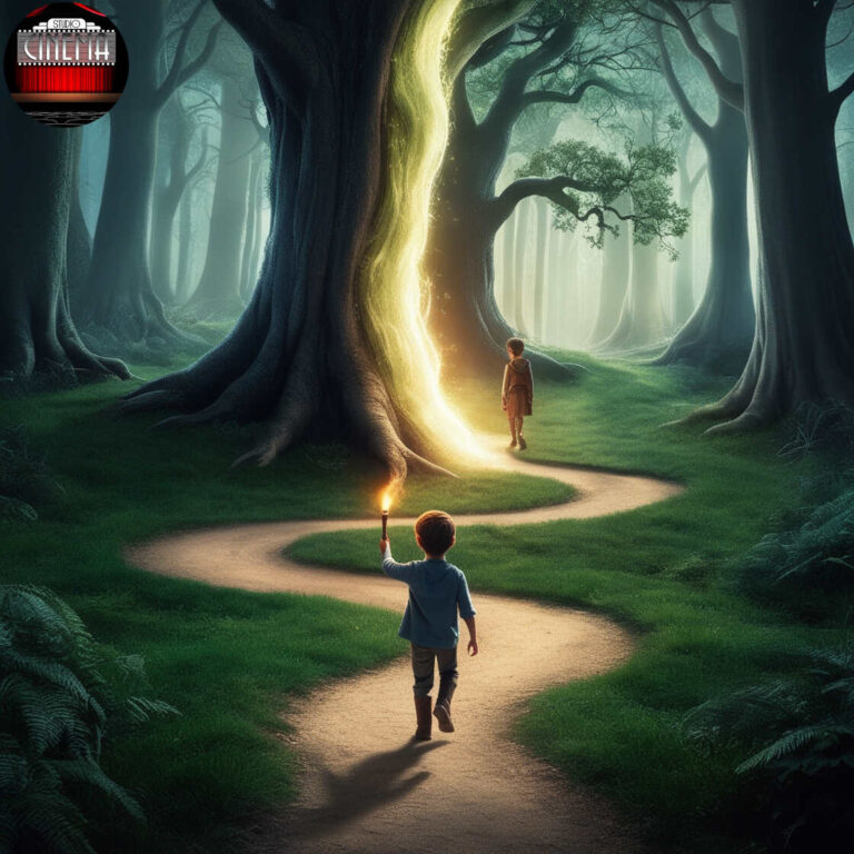 paisaje bosque magico con un niño y una antorcha caminando hacia un arbol mágico de luz, _a_little_boy_in_a_magic_forest_walking_away_fr_2